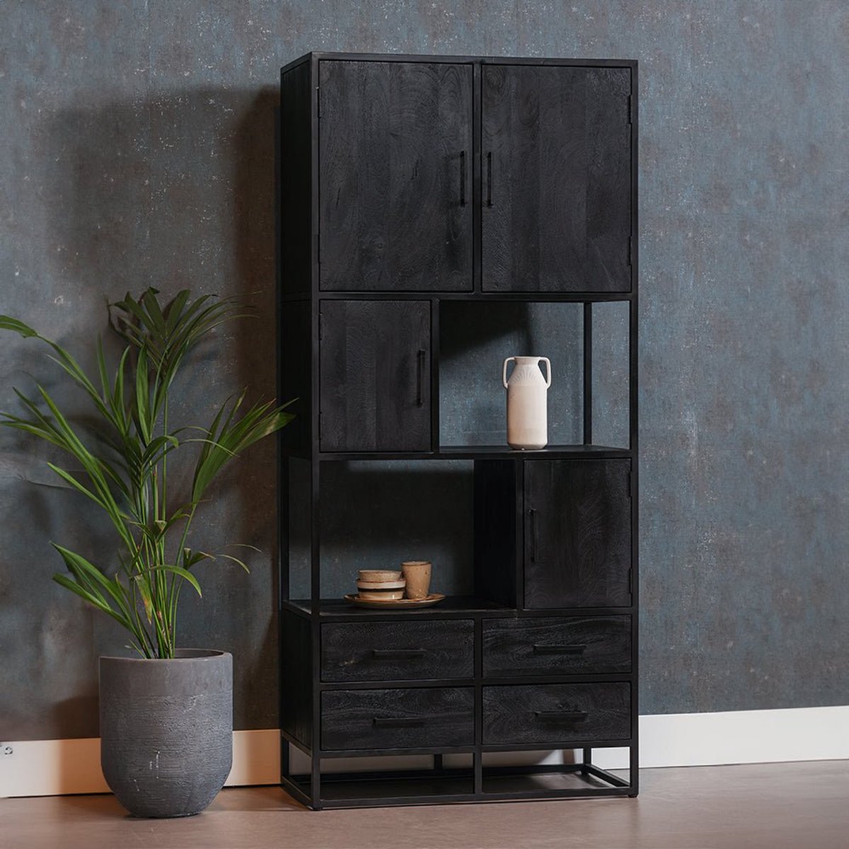 Mangohouten Vakkenkast Florence 90 cm Mahom Industrieel - Vitrinekast van Mangohout & Metaal - Industriële Buffetkast