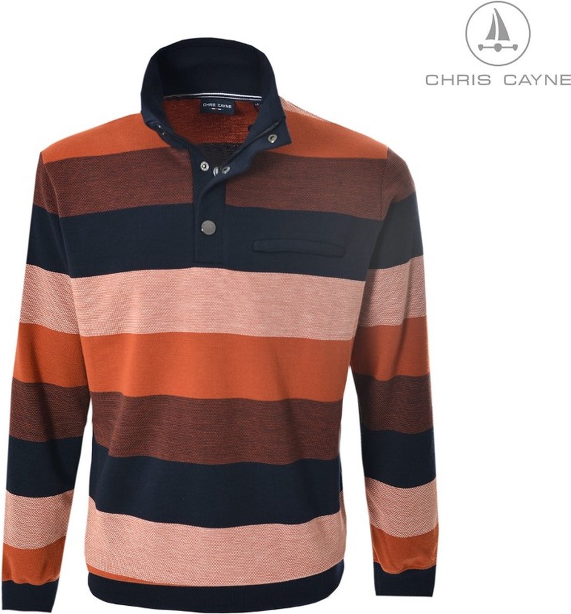 Chris Cayne heren trui - heren sweater met polokraag - borstzak - oranje/blauw streep - maat XXL