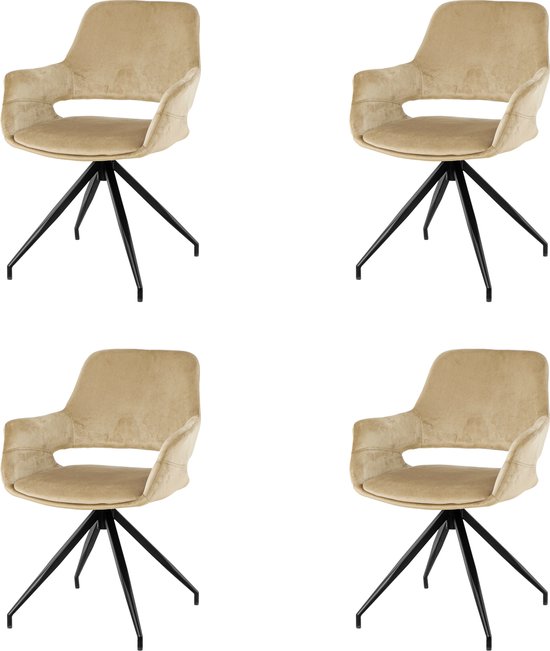 Nuvolix velvet eetkamerstoelen met armleuning set van 4 "Stockholm" - stoel met armleuningen - eetkamerstoel - velvet stoel - beige