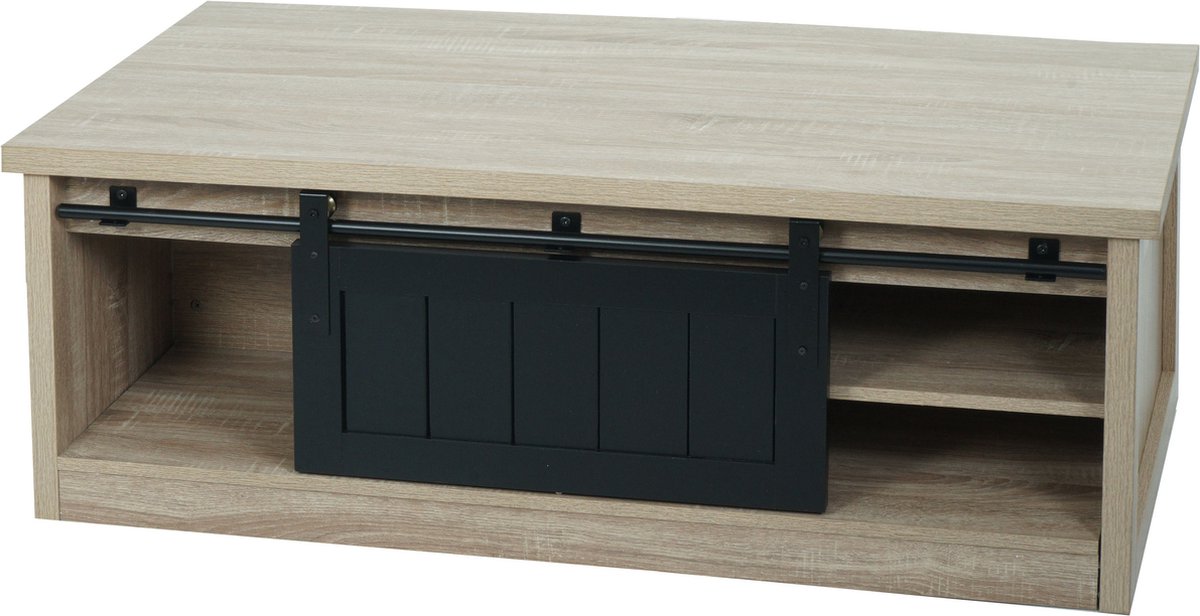 MCW Salontafel MCW-K75, bijzettafel woonkamertafel, schuifdeur 6 opbergvakken, houtlook metaal 44x120x60cm ~ natuurlijke kleur