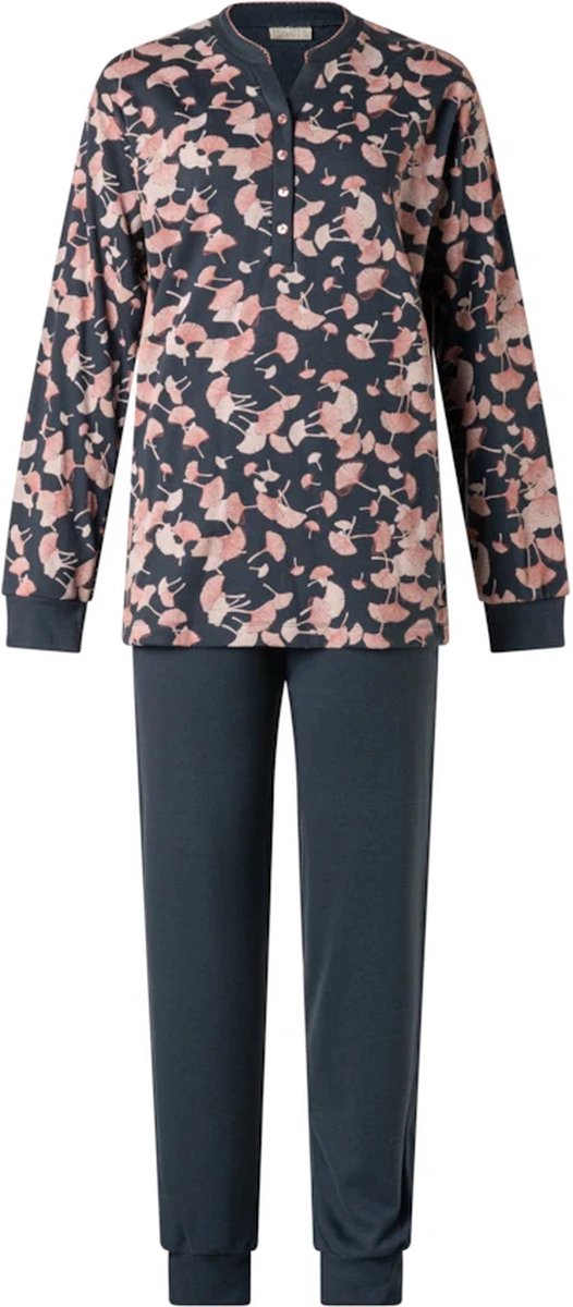 Lunatex dames pyjama interlock - Herfst bloem all-over - marine Marine, bewerkt
