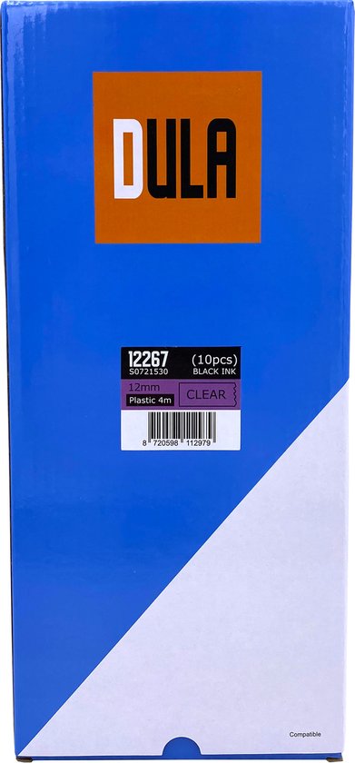DULA® plastique Étiquettes 12267 pour Dymo LetraTag Label Printer - Zwart sur Transparent - 12 mm x 4 m - S0721530 Tape pour étiqueteuse - 10 Pack
