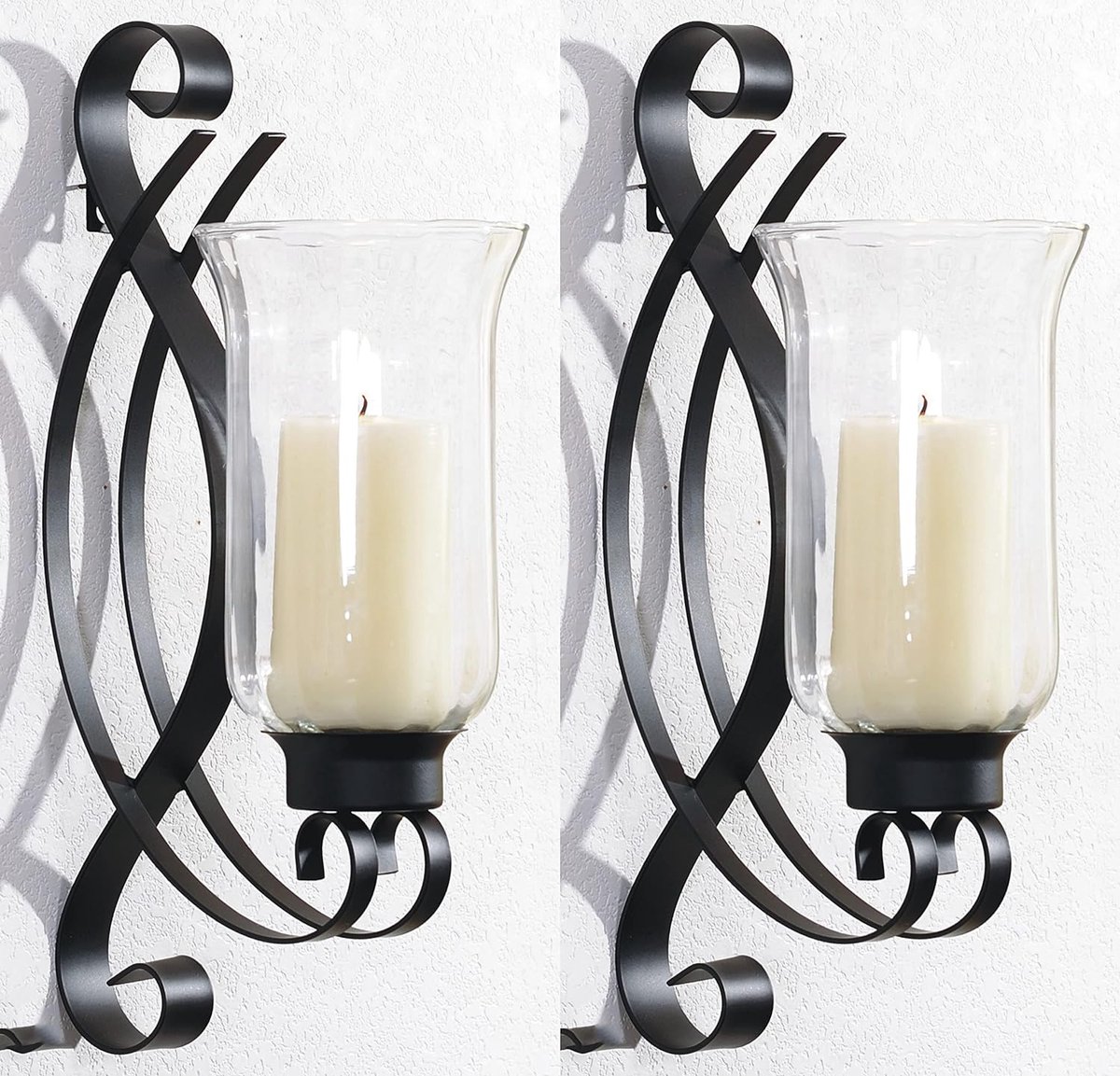 2 stuks kandelaars muur vintage, hangende metalen wandkaarsenhouders voor wanddecoratie (zwart en goud