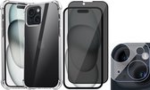 Hoesje geschikt voor iPhone 15 - Privacy Screenprotector FullGuard & Camera Lens Screen Protector - Back Cover Case ShockGuard Transparant