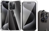 Hoesje geschikt voor iPhone 15 Pro - Screenprotector GlassGuard & Camera Lens Screen Protector Zwart - Back Cover Case ShockGuard Transparant