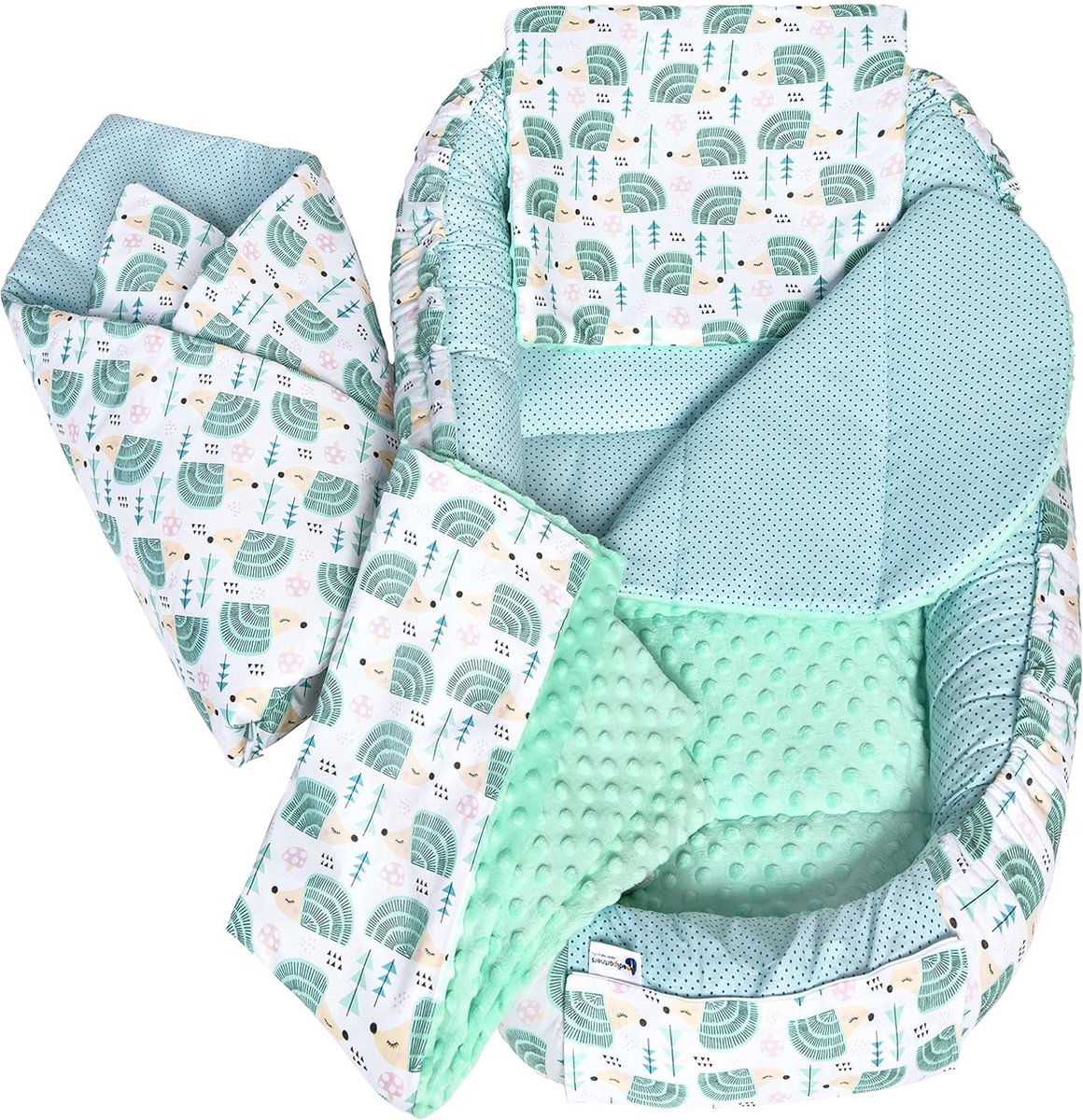 5-delige set babynestjes, 100 x 60 x 15 cm, uitneembaar inzetstuk, bed, knuffelnest, kruipdeken voor baby's en pasgeborenen, 100% katoen (egel met mint minky)