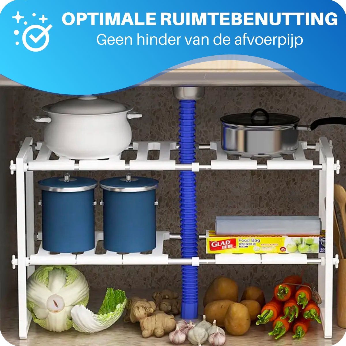 JT Products Gootsteenkast Organizer – Gootsteenrek – Uitrekbaar 53 Tot 75 cm Breed – Inclusief Nederlandse Handleiding - Keuken Kast Organizers – Opbergrek – Ladekast – Keukenkastorganizers - Aanrecht – Gootsteenkastrek – Keukenkast Rek – Pannenrek — cadeau in Cadeau-ideeën - foto 2