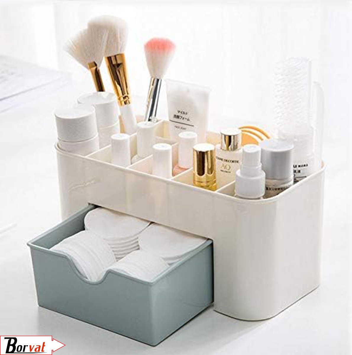 Goedkoopste Borvat® | Make-up cosmetica organizer opbergdoos 6 sorteervakken inclusief lade 21 x 11 x 9.5 cm crème - Kleur Blauw