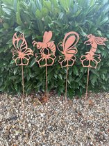 Metalen deco tuinstekers "insecten op bloem" - Set van 4 stuks - roestkleurig - hoogte 60 x 17 x 15 cm - Tuinaccessoires - Tuindecoratie – Tuinstekers