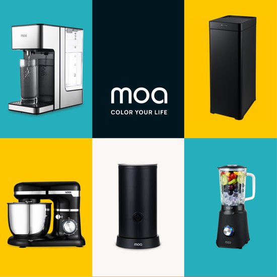 Collage avec divers appareils MOA : distributeur d'eau, poubelle, robot culinaire, mousseur à lait et mixeur.