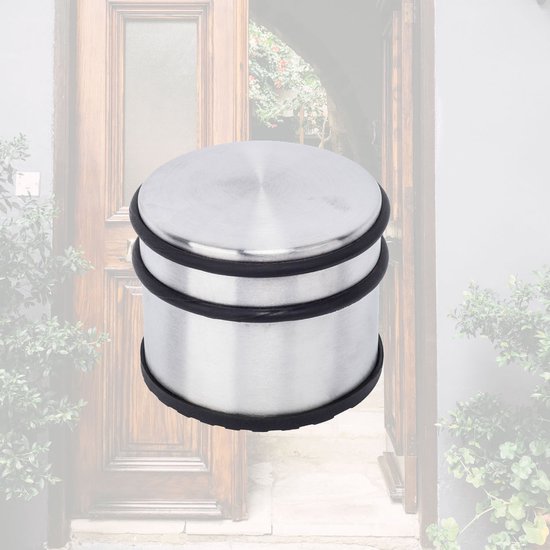 RVS deurstopper met twee zwarte rubberen ringen bij een open deur.