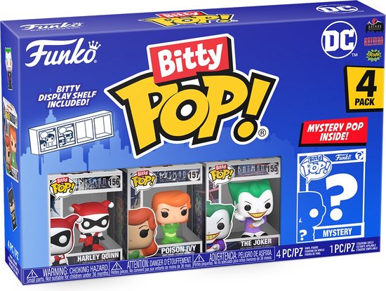 Funko Bitty POP! 4-pack met Harley Quinn, Poison Ivy en The Joker, inclusief display shelf en mysteriefiguur.