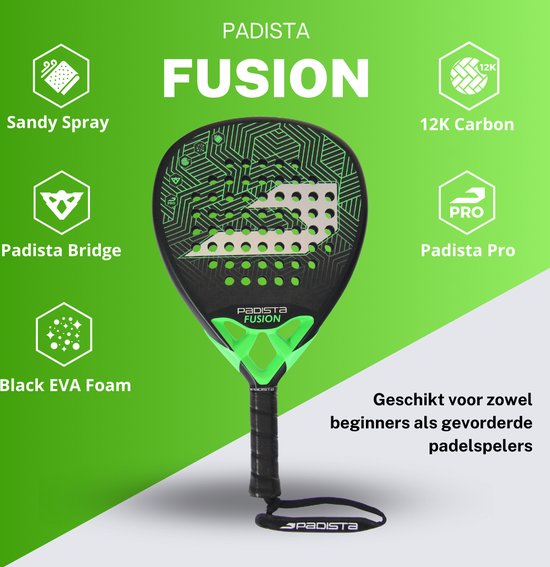 Padista Fusion Padel racket - Padel - 12K Carbon - Groen - Sandy Spray - Druppelvorm - Black EVA Foam - Incl. padeltas