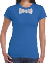 Blauw fun t-shirt met vlinderdas in glitter zilver dames XS