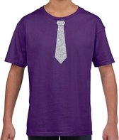 Stropdas zilver glitter t-shirt paars voor kinderen XS (110-116)