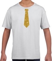 Wit fun t-shirt met stropdas in glitter goud kinderen - feest shirt voor kids 134/140