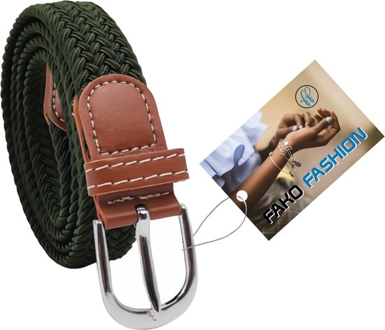 Donkergroene gevlochten elastische riem, bruin leder, zilveren gesp, met FAKO FASHION label.