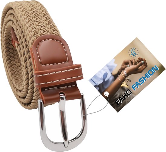 Lichtbruine elastische gevlochten riem met bruin leren details en zilverkleurige gesp. Fako Fashion label.