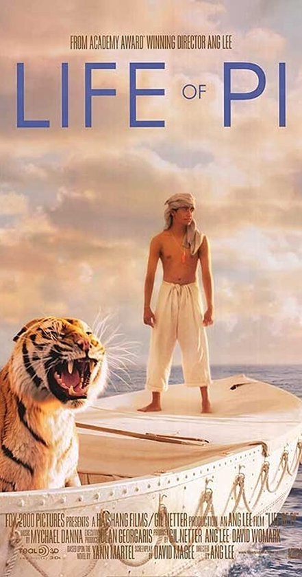 Poster van 'Life of Pi' met een tijger in een roeiboot en een jongen met een tulband.