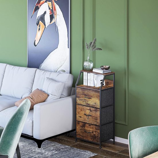 Vintage Hoekkast - Opbergkast met 3 laden, hoekkast, vintage dressoir, kast, opbergkast, organizer voor woonkamer, slaapkamer, hal, keuken, kantoor, hout, staal, bruin, zwart van Vintage — afbeelding 4
