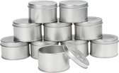 Kurtzy Rond Zilveren ALuminium Bak met Deksel (10 Pak) – 6,5 x 4 cm – Lege Metalen Opslag Reis Bakjes – Container Potten Voor DIY Hobby, Cosmetica, Lippen Balsem, Kruiden & Zalf