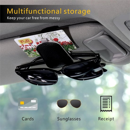 Porte-lunettes Pour Voiture En Cuir PU - 2 Pièces, Clip Pare-soleil, Rangement Cartes Et Tickets, Noir, Universel - 3