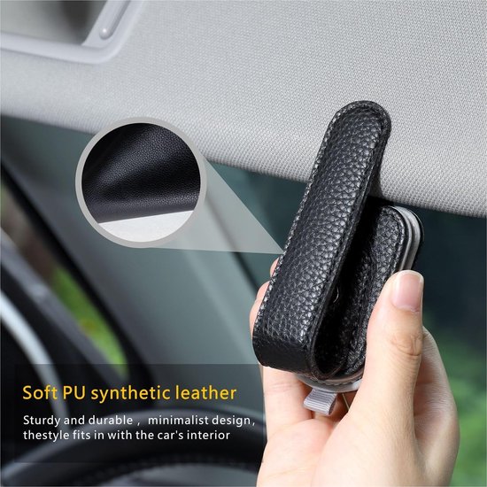 Porte-lunettes Pour Voiture En Cuir PU - 2 Pièces, Clip Pare-soleil, Rangement Cartes Et Tickets, Noir, Universel - 7