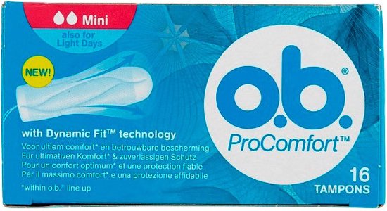 Doosje met 16 O.B. ProComfort Mini tampons. Blauwe verpakking met roze en witte accenten. Tekst: 'NEW! with Dynamic Fit™ technology'.