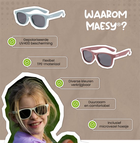 Lichtblauwe en oudroze zonnebril van Maesy, met UV400 bescherming, flexibel TPE-materiaal en verkrijgbaar in diverse kleuren.