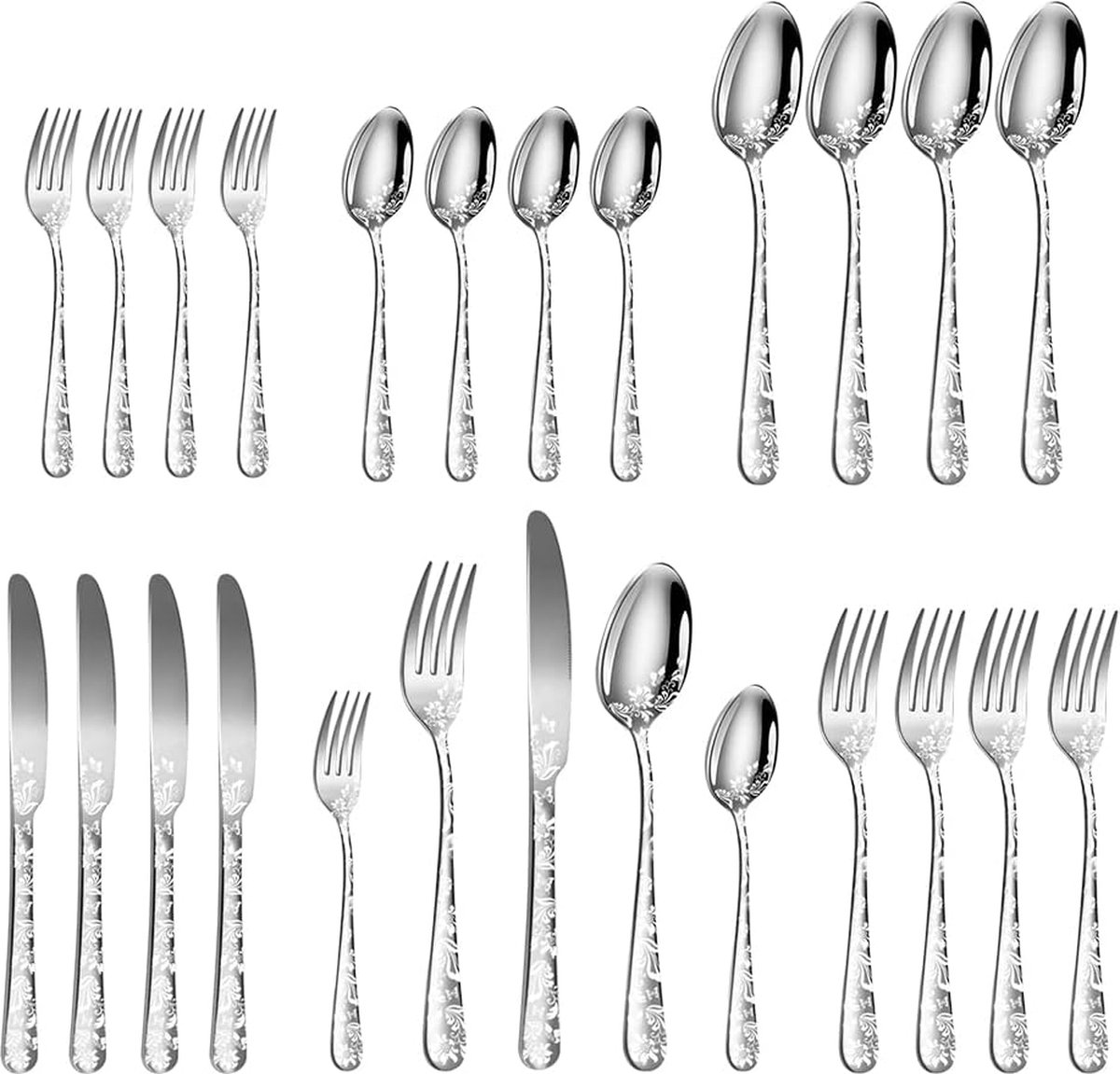 Bestekset voor 4 personen, 20 stuks, van roestvrij staal, gepolijst patroon, met bloemenspiegel, inclusief mes, vork, theelepel voor keuken, restaurant, feest