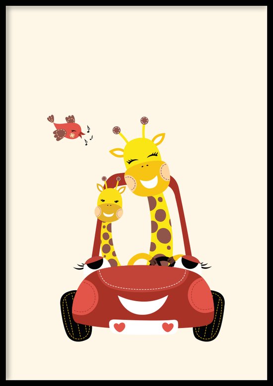 Poster Giraffe in auto - Kinderkamer poster - Babykamer poster - Dieren poster - Kinderkamer decoratie - 30x40 cm - Exclusief lijst - WALLLL