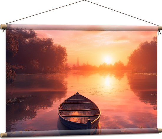 Textielposter - Houten Bootje Dobberend op het Water bij Felkleurige Zonsondergang - 90x60 cm Foto op Textiel