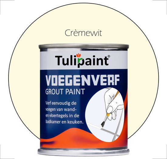 Blik Tulpaint voegenverf in de kleur Crèmewit, met oranje en blauwe kleuren. Tekst 'Crèmewit' bovenaan.