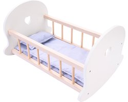 Poppen Schommelbed Grijs/Wit – Houten Poppenbedje met Matrasje, Dekentje & Kussentje – Geschikt voor Alle Poppen – Engelhart