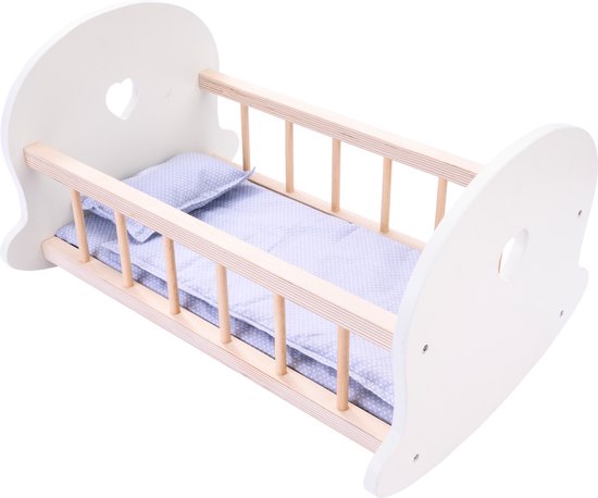 Poppen Schommelbed Grijs/Wit – Houten Poppenbedje met Matrasje, Dekentje & Kussentje – Geschikt voor Alle Poppen – Longfield Games