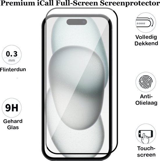 Protecteur d'écran iCall Full-Screen Premium : 0,3 mm d'épaisseur, verre trempé, couverture complète, oléophobe et compatible écran tactile.