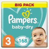 Pampers Baby-Dry Maat 3, 168 Luiers, Tot 12 Uur Bescherming, 6-10kg