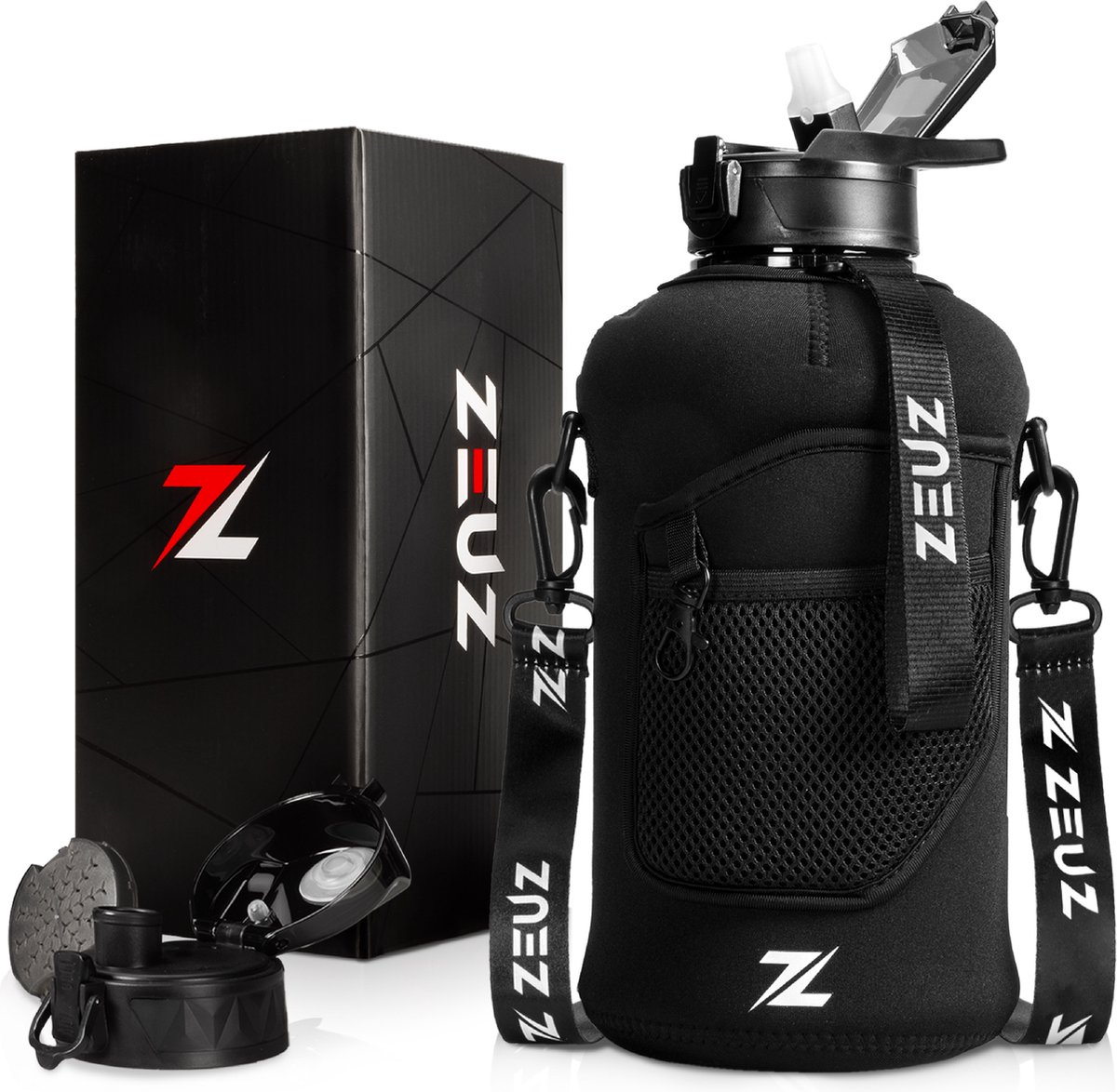ZEUZ Grote Waterfles 2,2 Liter met Handvat – 2200 ML Drinkfles met Rietje & Bidon - BPA Vrij – 2.2 L - Zwart