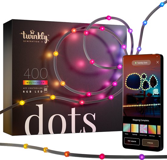 Twinkly Dots Flexibele LED Lichtsnoer - 20M - 400 RGB Licht - Gaming - Binnen & Buiten - Wifi - Werkt met Homekit, Google Home en Razer Chroma - Zwart