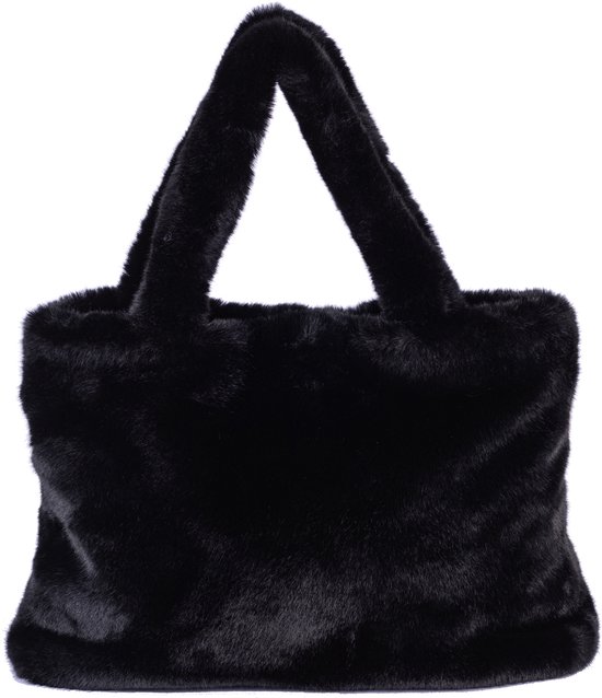 Foto: Nouka zwarte grote dames tas handtas schoudertas shopper werktas schooltas zachte teddy fluffy tas