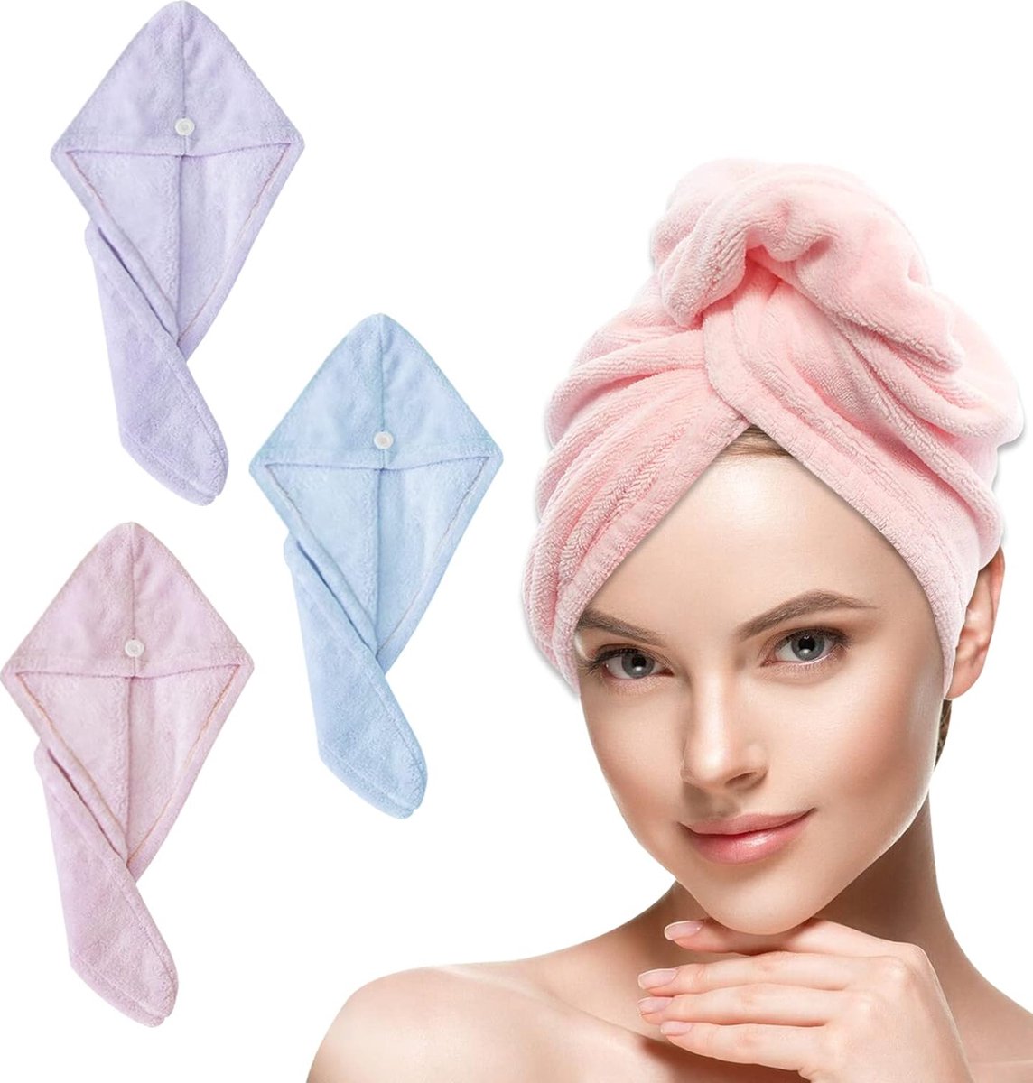 Haartulband, 3 stuks superabsorberende microvezel haarhanddoek met knopen, voor dames en meisjes, lang, dik haar (roze, blauw en paars)