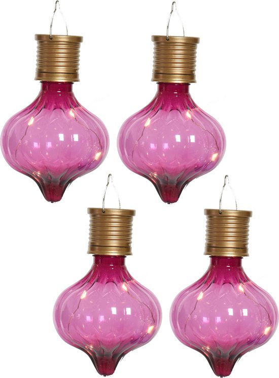 Lampe à suspension solaire Lumineo LED - 4x - Marrakech - rose fuchsia - plastique - D8 x H12 cm