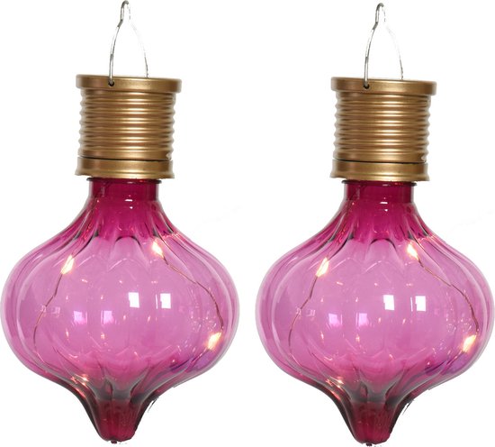 Lampe à suspension solaire Lumineo LED - 2x - Marrakech - rose fuchsia - plastique - D8 x H12 cm