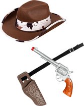Verkleed set cowboyhoed Rodeo bruin/wit - met holster en pistool - voor volwassenen
