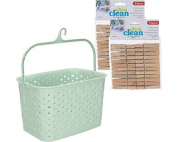 Wasknijpersmandje met ophanghaak - mintgroen - en 48x houten wasknijpers 7 cm - was ophangen