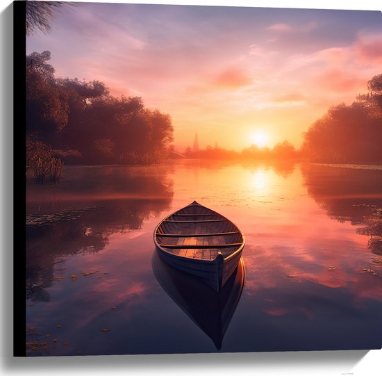 Canvas - Houten Bootje Dobberend op het Water bij Felkleurige Zonsondergang - 60x60 cm Foto op Canvas Schilderij (Wanddecoratie op Canvas)