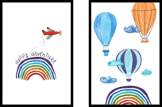 Poster Happy adventure en Luchtballonnen - Kinderkamer poster - Babykamer poster - Kinderkamer decoratie - 21x30 cm - A4 - Exclusief lijsten - WALLLL