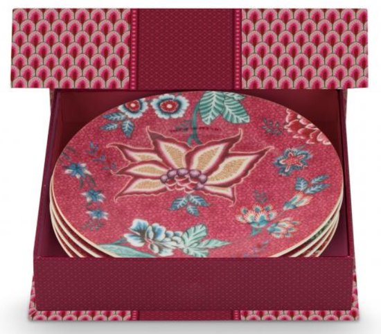Pip Studio oriental flower festival dark pink - set van 4 bordjes 17cm - roze gebaksbordjes - cadeauset