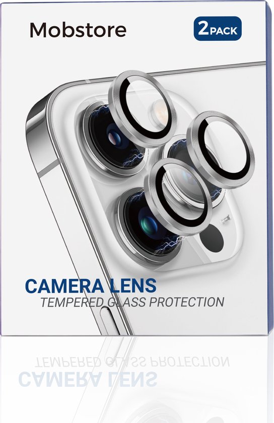 Verpakking van Mobstore met twee gouden cameralensbeschermers voor iPhone 15.