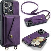 Casemania Hoesje Geschikt voor Apple iPhone 15 Pro Deep Purple - Luxe Back Cover met Koord - Wallet Case - Pasjeshouder